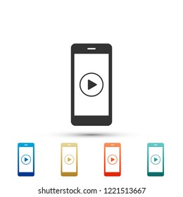 Smartphone with play button on the screen icon isolated on white background. Set elements in colored icons. Flat design. Vector Illustration