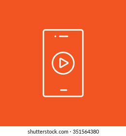 Smartphone with play button on a screen line icon for web, mobile and infographics. Vector white icon isolated on red background.