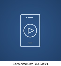Smartphone with play button on a screen line icon for web, mobile and infographics. Vector light blue icon isolated on blue background.
