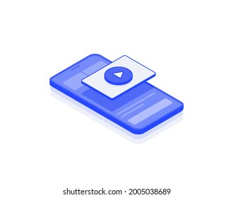 Smartphone player app, cell phone, mobile video service, play isometric illustrate 3d vector icon. Modern creative design illustration in flat line style.