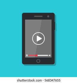 Smartphone with player on the screen. Mobile streaming technologies. Vector flat illustration.