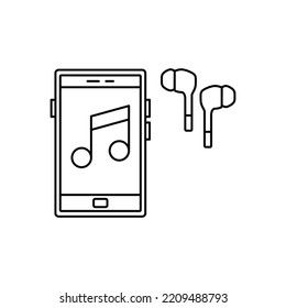 Smartphone playing music with earphone icon in line style icon, isolated on white background