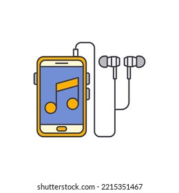Smartphone playing music with earphone icon in color, isolated on white background 