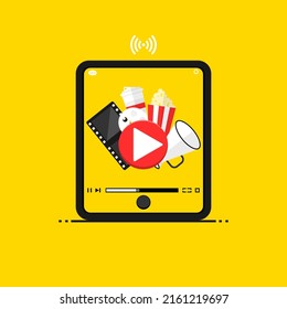 Smartphone playing video online, Vector cinema movie application design, Marketing illustration online concept.