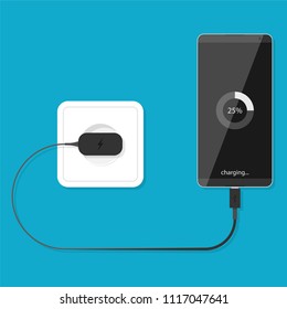 Smartphone plugged and charging from electric socket. Vector illustration in flat style