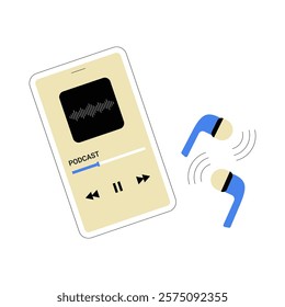 Smartphone With Podcast App And Wireless Earphones In Flat Vector Illustration Symbolizing Audio Streaming, Technology, And Entertainment, Isolated On White Background.