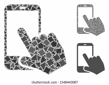 Smartphone point composition of rough parts in various sizes and color tints, based on smartphone point icon. Vector uneven parts are united into composition.