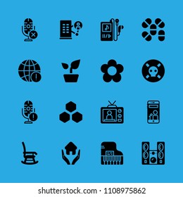 smartphone, poison, piano, music player, rocking chair, plant, pills, microphone and worldwide vector icon. Simple icons set