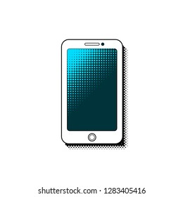 Smartphone pop art comics style with dot screen. Isolated vector illustration on white background.