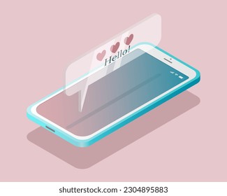 Smartphone with pop up speech bubble get message on screen. Vector isometry. The concept of mobile devices and social networks.