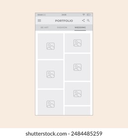 Smartphone Portfolio App screen with collection images. Vector mobile wireframe editable design for mobile, with sample data and real user interface graphic details ready for ux ui projects.