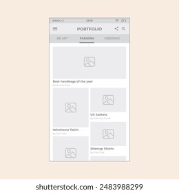 Smartphone Portfolio App screen with images collections. Vector mobile wireframe editable design for mobile, with sample data and real user interface graphic details ready for ux ui projects.