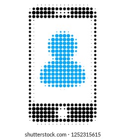 Smartphone portrait halftone dotted icon. Halftone pattern contains round points. Vector illustration of smartphone portrait icon on a white background.