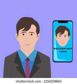 Smartphone with portrait of smiling man sitting beside on screen. Facial recognition technology or software, verification and identification of person. Flat cartoon colorful vector illustration.