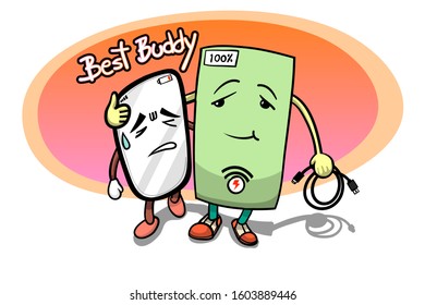 Smartphone and Power bank best technology buddy. Back up battery help low battery cellphone by prop up while walking. Drawing vector illustration with layers.