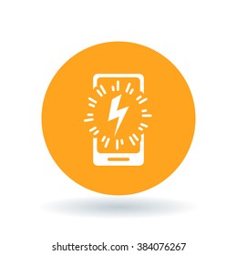 Smartphone power charge icon. Cellphone lightning bolt sign. Mobile thunderbolt symbol. White icon on orange circle background. Vector illustration.