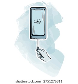Smartphone power off and disconnecting from internet icon. Human hand turning off a mobile device screen for digital detox and healthy sleep. Hand drawn doodle style with watercolor texture.