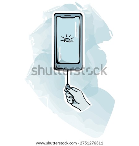 Smartphone power off and disconnecting from internet icon. Human hand turning off a mobile device screen for digital detox and healthy sleep. Hand drawn doodle style with watercolor texture.