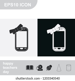 Smartphone with a present bow flat black and white vector icon.