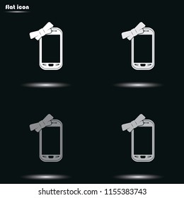 Smartphone with a present bow flat grayscale vector icon.