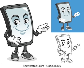 Smartphone Present Something Cartoon Character Mascot Illustration, Including Flat and Black and White Designs, Vector Illustration, in Isolated White Background.