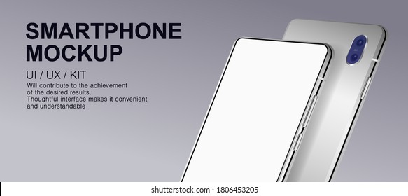 Smartphone presentation mockup with blank display. Two mobile phones in perspective, front and back views in metallic and gray. 3D cell phone in realistic style. Template smartphones. Vector