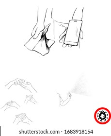 procesamiento de smartphones, desinfectante, tratamiento manual, ilustración vectorial