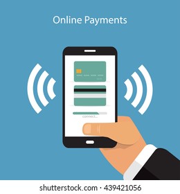Smartphone with processing of mobile payments from credit card on the screen in flat style
