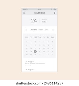 Smartphone Productivity App screen with calendar. Vector mobile wireframe editable design for mobile, with sample data and real user interface graphic details ready for ux ui projects.