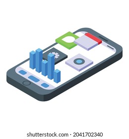 Smartphone program icon isometric vector. Api code. Software connection