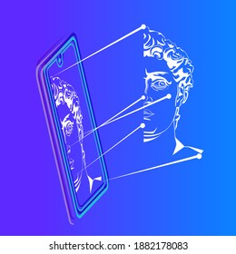 Smartphone is projecting a hologram of a plaster head. Biometric technologies of the future. Vector illustration.