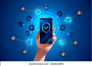 Smartphone is protected from hacker attacks, protected from viruses and spam, Antivirus. Hand holds smartphone. Shield icon on screen smart phone. Mobile security