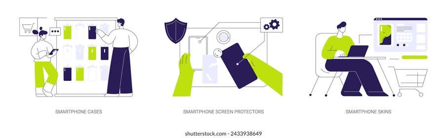 Smartphone protection accessories abstract concept vector illustration set. Smartphone cases and screen protectors, custom phone skins, gadgets accessories innovation industry abstract metaphor.