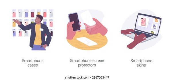 Accesorios de protección de smartphone ilustraciones de vectores de dibujos animados aislados. Estuches y protectores de pantalla para smartphone, pieles de teléfono personalizadas, accesorios de gadgets de innovación de la industria de dibujos animados vectoriales.