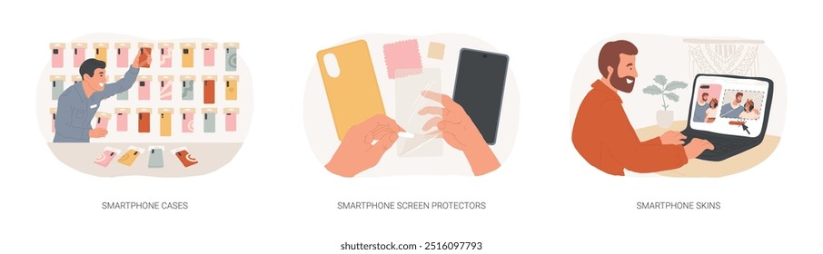 Smartphone protection accessories isolated cartoon vector illustrations set. Smartphone cases and screen protectors, custom phone skins, gadgets accessories innovation industry vector cartoon.