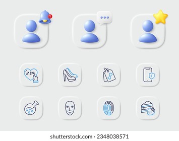Smartphone protection, Chemistry lab and Face biometrics line icons. Placeholder with 3d star, reminder bell, chat. Pack of Cake, Pet tags, Genders icon. Fingerprint, Shoes pictogram. Vector