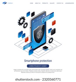 Smartphone protection, computer security, access control, fingerprints scanning 3d isometric vector concept illustration