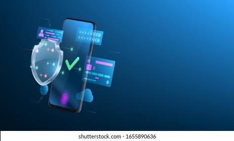 Smartphone protection concept. Concept of mobile payments, personal data protection, cloud security. 3d side view on cell phone with glass shield. Digital technology template. Vector illustration.