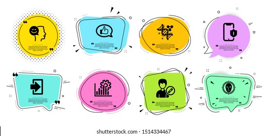 Smartphone protection, Good mood and Feedback line icons set. Chat bubbles with quotes. Face detect, Login and Chemistry dna signs. Seo graph, Edit person symbols. Phone, Positive thinking. Vector