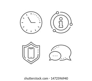 Smartphone protection line icon. Chat bubble, info sign elements. Phone shield sign. Mobile device symbol. Linear smartphone protection outline icon. Information bubble. Vector