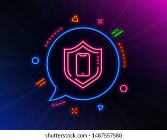 Smartphone protection line icon. Neon laser lights. Phone shield sign. Mobile device symbol. Glow laser speech bubble. Neon lights chat bubble. Banner badge with smartphone protection icon. Vector