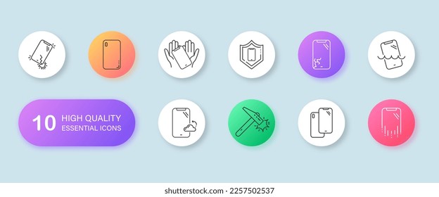 Smartphone protection line icon set. Mobile phone, filter, screen protector, waterproof, quality and more icons in neumorphism style. Vector EPS 10