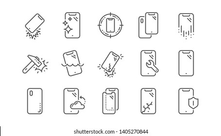 Iconos de línea de protección de smartphone. Vidrio templado, protector de pantalla y resistente al agua. Cubierta telefónica, protección de cristal de pantalla e iconos de dispositivos a prueba de impactos. Conjunto lineal. Vector