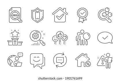 Smartphone protection, Loan house and Tested stamp line icons set. Winner podium, Search statistics and Approved message signs. Seo file, Like and Smile face symbols. Line icons set. Vector