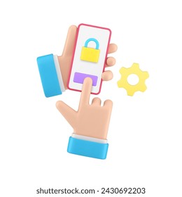 Smartphone protection lock security service settings with business man hands 3d icon realistic vector illustration. Mobile phone user personal data safety login password application account access