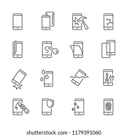 Smartphone protection related icons: thin vector icon set, black and white kit