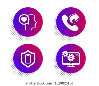 Smartphone protection, Share call and Romantic talk icons simple set. Halftone dots button. Settings sign. Phone, Phone support, Love chat. Cogwheel tool. Technology set. Vector