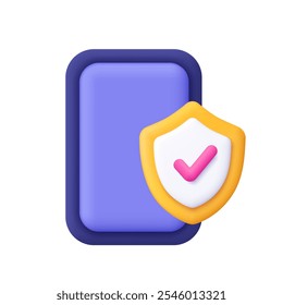 Smartphone e escudo de proteção com marca de seleção. Segurança cibernética, segurança móvel, proteção de segurança de dados. ícone de vetor 3d. Estilo mínimo de desenho animado.