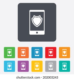 Smartphone protection sign icon. Shield symbol. Rounded squares 11 buttons. Vector