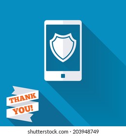 Smartphone protection sign icon. Shield symbol. White flat icon with long shadow. Paper ribbon label with Thank you text. Vector